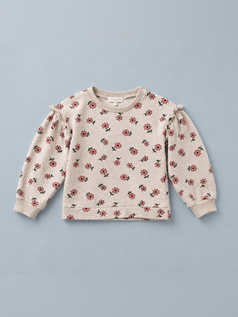 Girls Floral Ruffle Sweatshirt - Cream with Pink Flowers